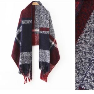 Navy Tone Plaid Long Fringe Scarf